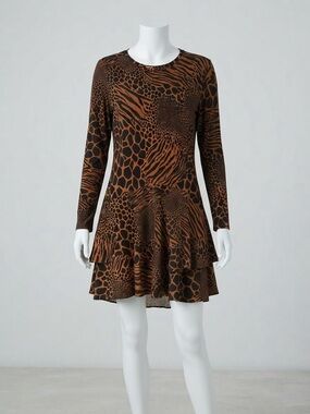Michael Kors Brown and Black Animal-Print Long-Sleeve Ruffle-Hem Mini Dress